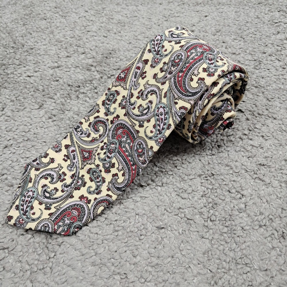 Redwood & Ross Mens Paisley Tie Cream Red‎ Blue Silk Cotton English Mogador USA